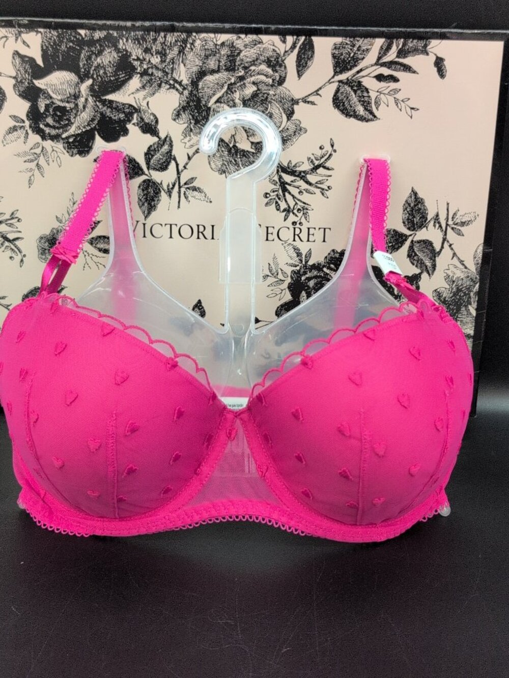 PINK Victoria's Secret Wink Push-Up Balconette Bra 32DDD Hot Pink Heart Mesh NWT